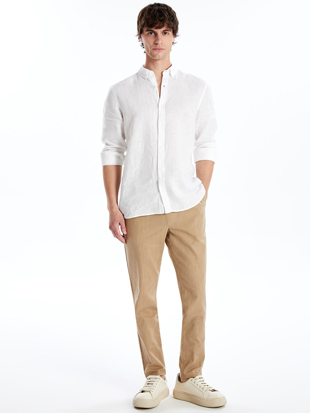 Slim Fit Linen Blend Men's Textured Trousers -S4KV40Z8-YEE
