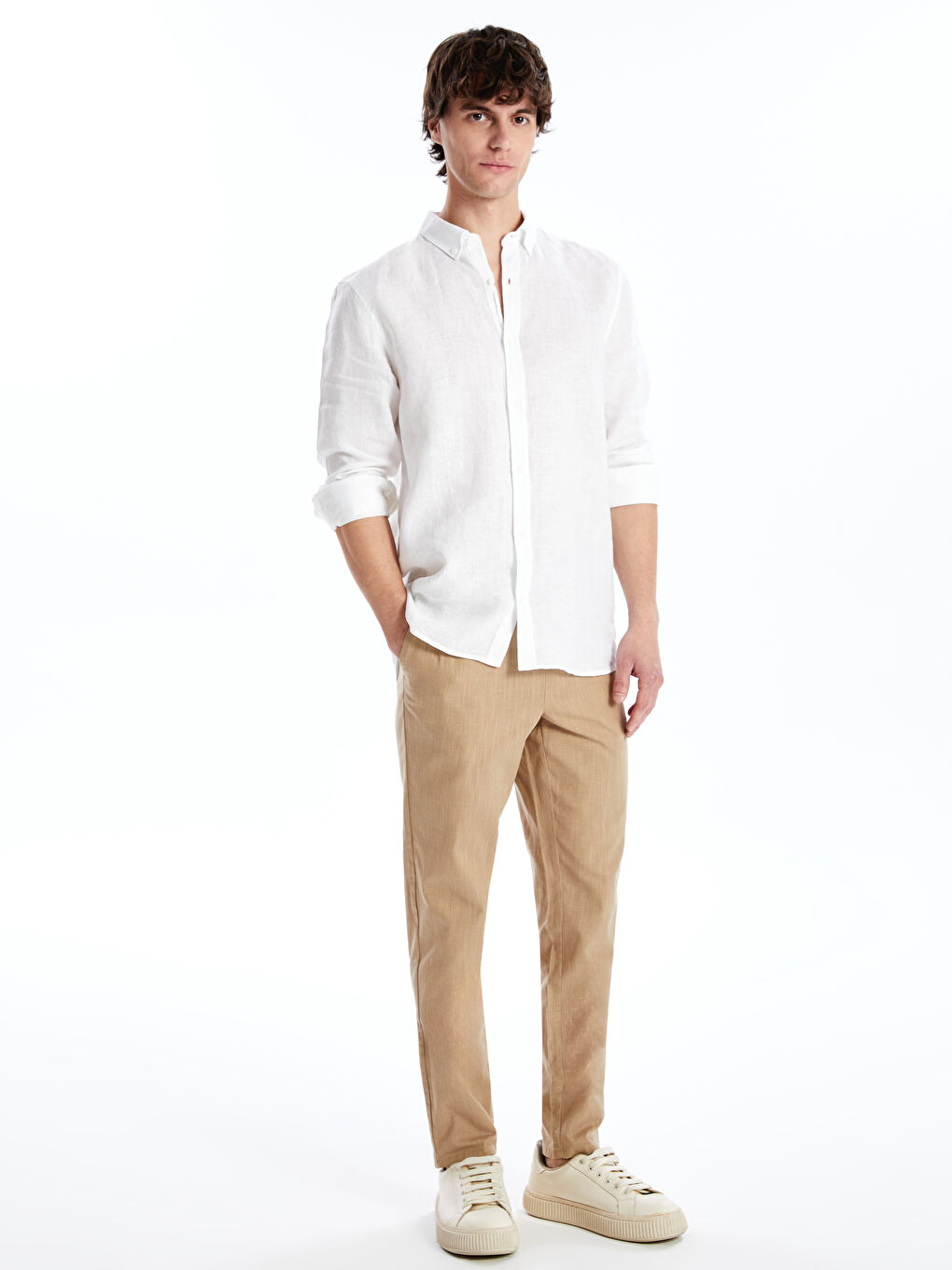 Slim Fit Linen Blend Men's Textured Trousers -S4KV40Z8-YEE