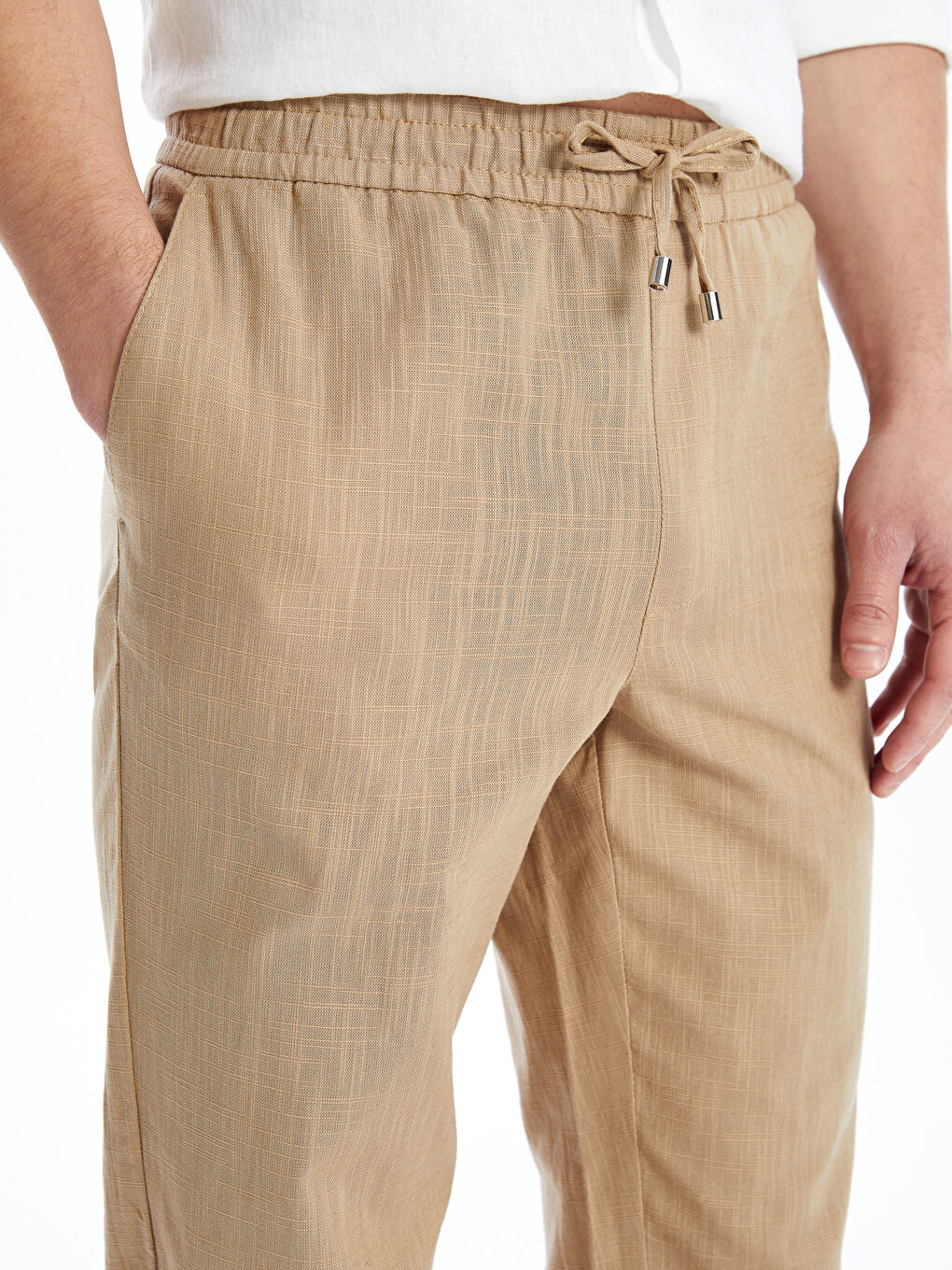 Slim Fit Linen Blend Men's Textured Trousers -S4KV40Z8-YEE