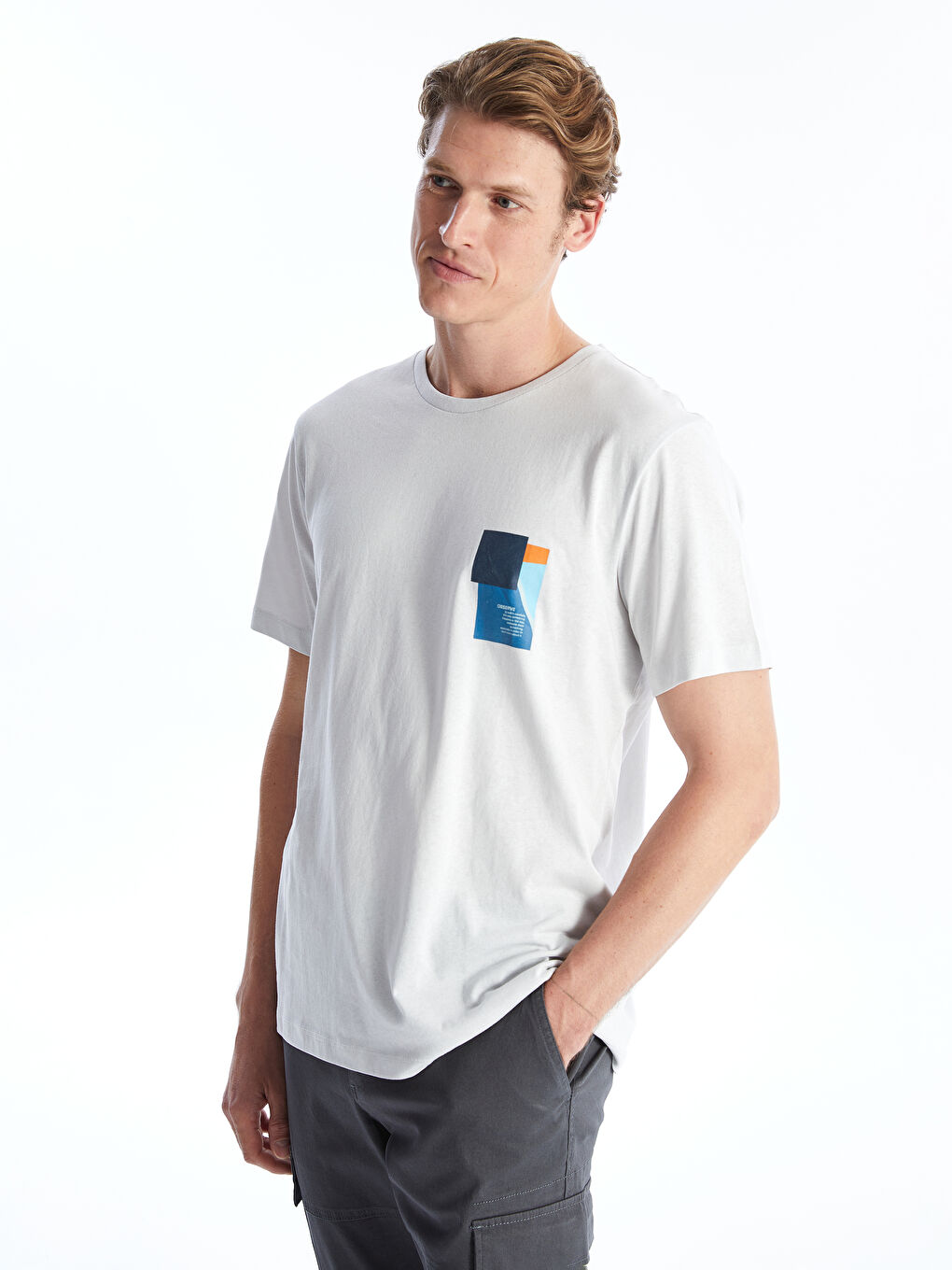 Gri Bisiklet Yaka Kısa Kollu Baskılı Penye Erkek Tişört