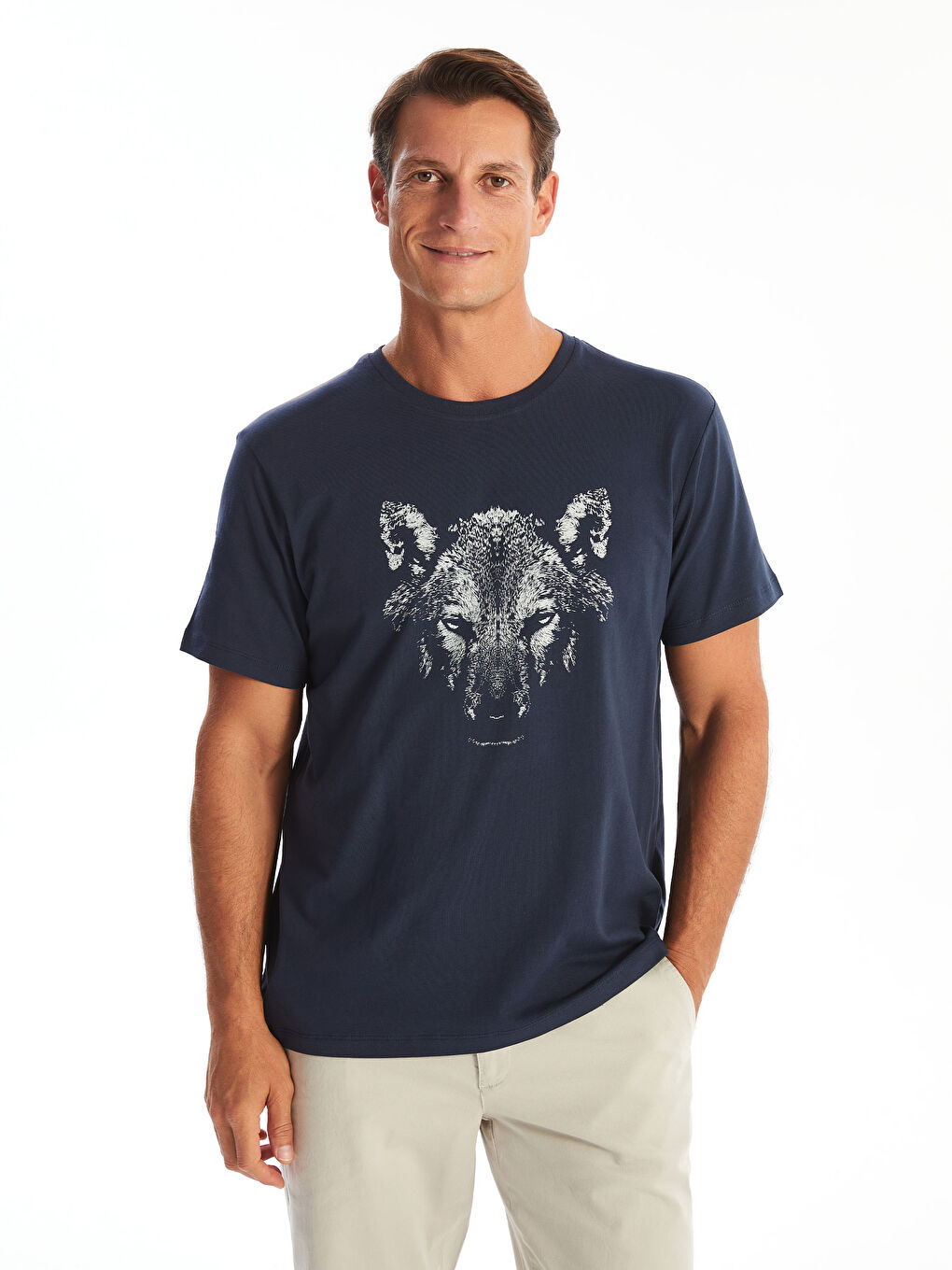 Lacivert Bisiklet Yaka Kısa Kollu Baskılı Erkek Tişört