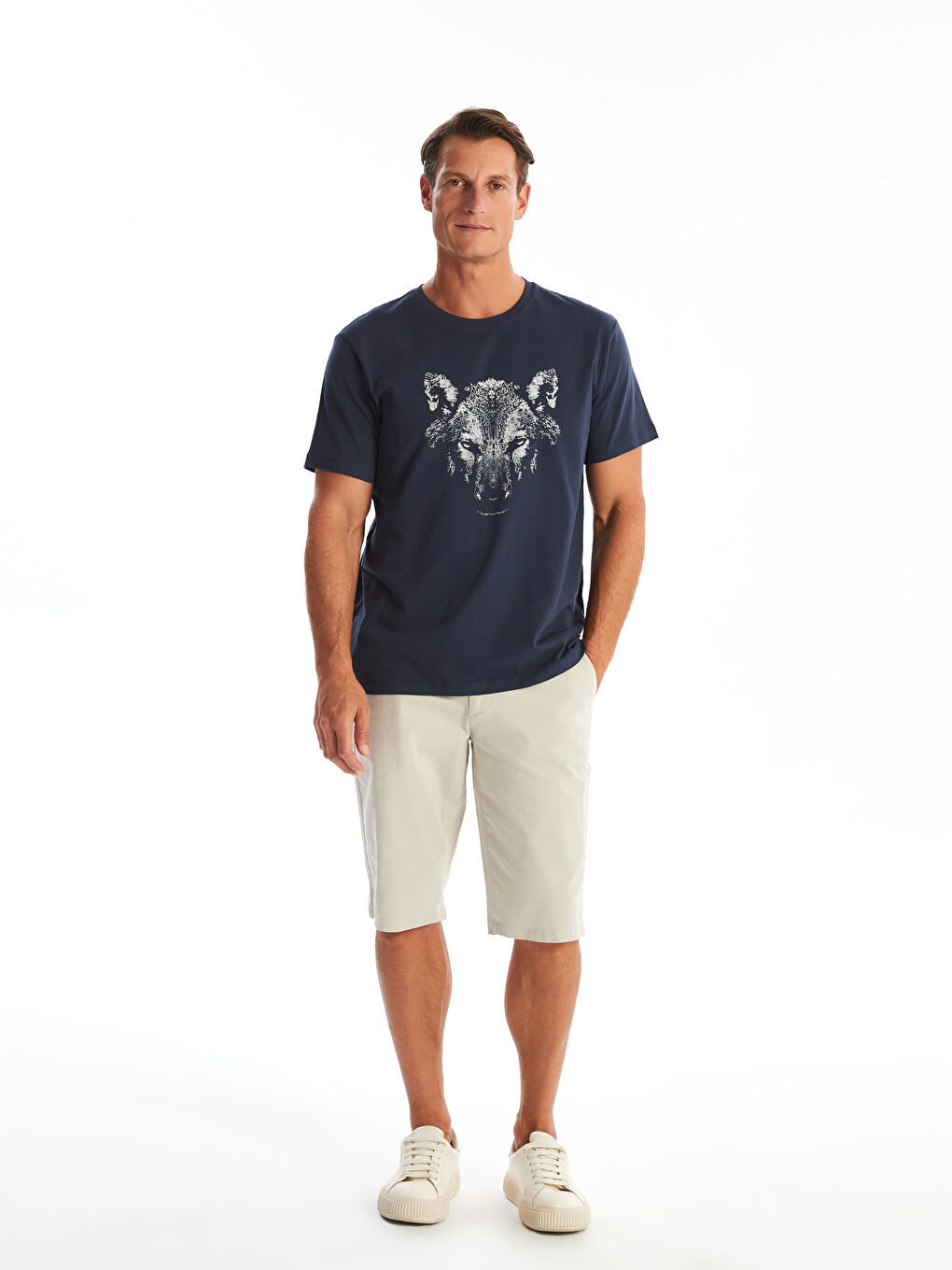 Lacivert Bisiklet Yaka Kısa Kollu Baskılı Erkek Tişört-1