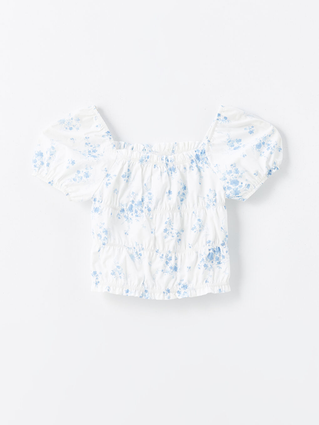 Ekru Kare Yaka Çiçekli Kız Çocuk Bluz