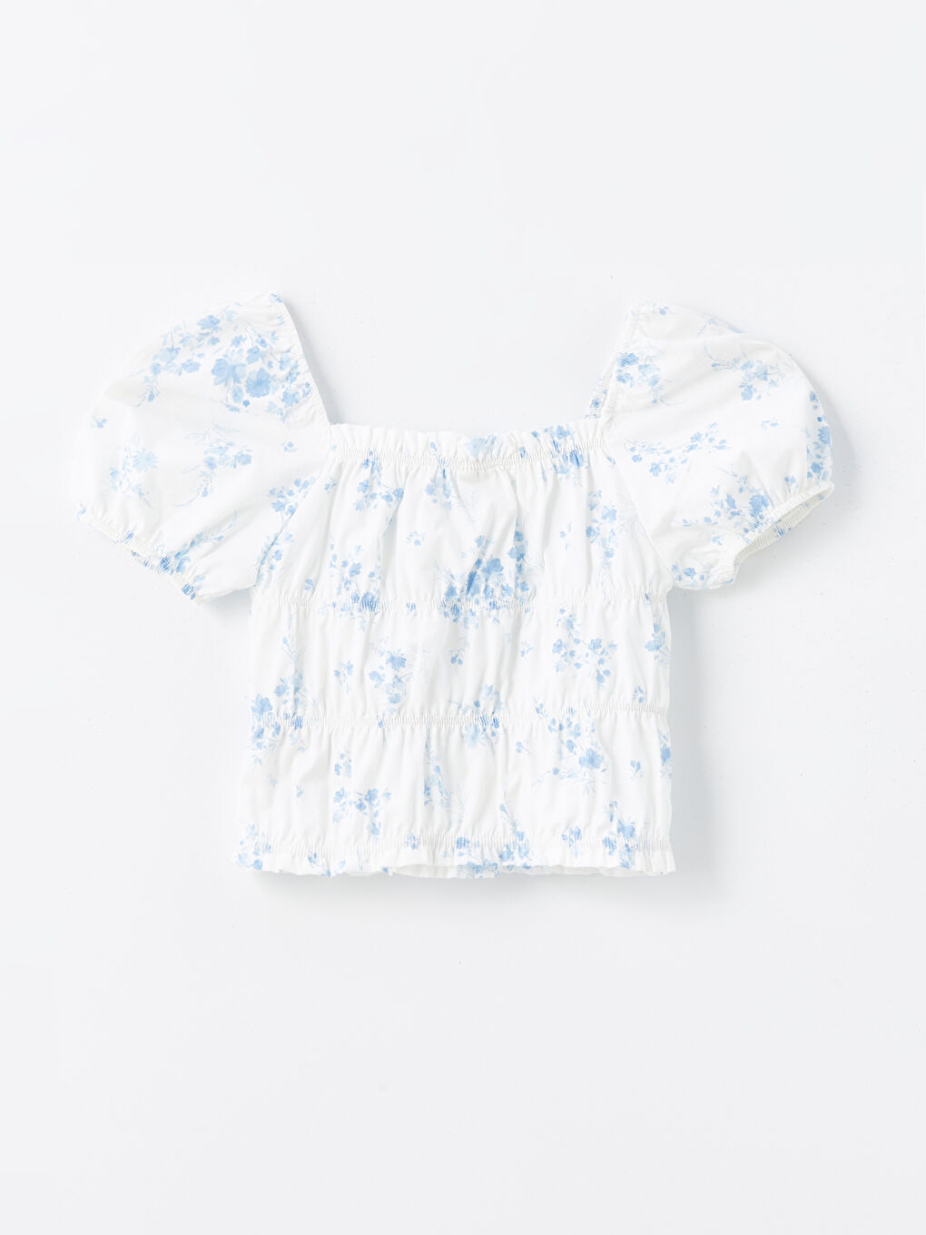 Ekru Kare Yaka Çiçekli Kız Çocuk Bluz-1