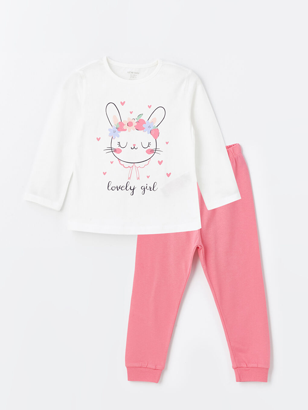 LCW baby Ekru Bisiklet Yaka Baskılı Kız Bebek Pijama Takım