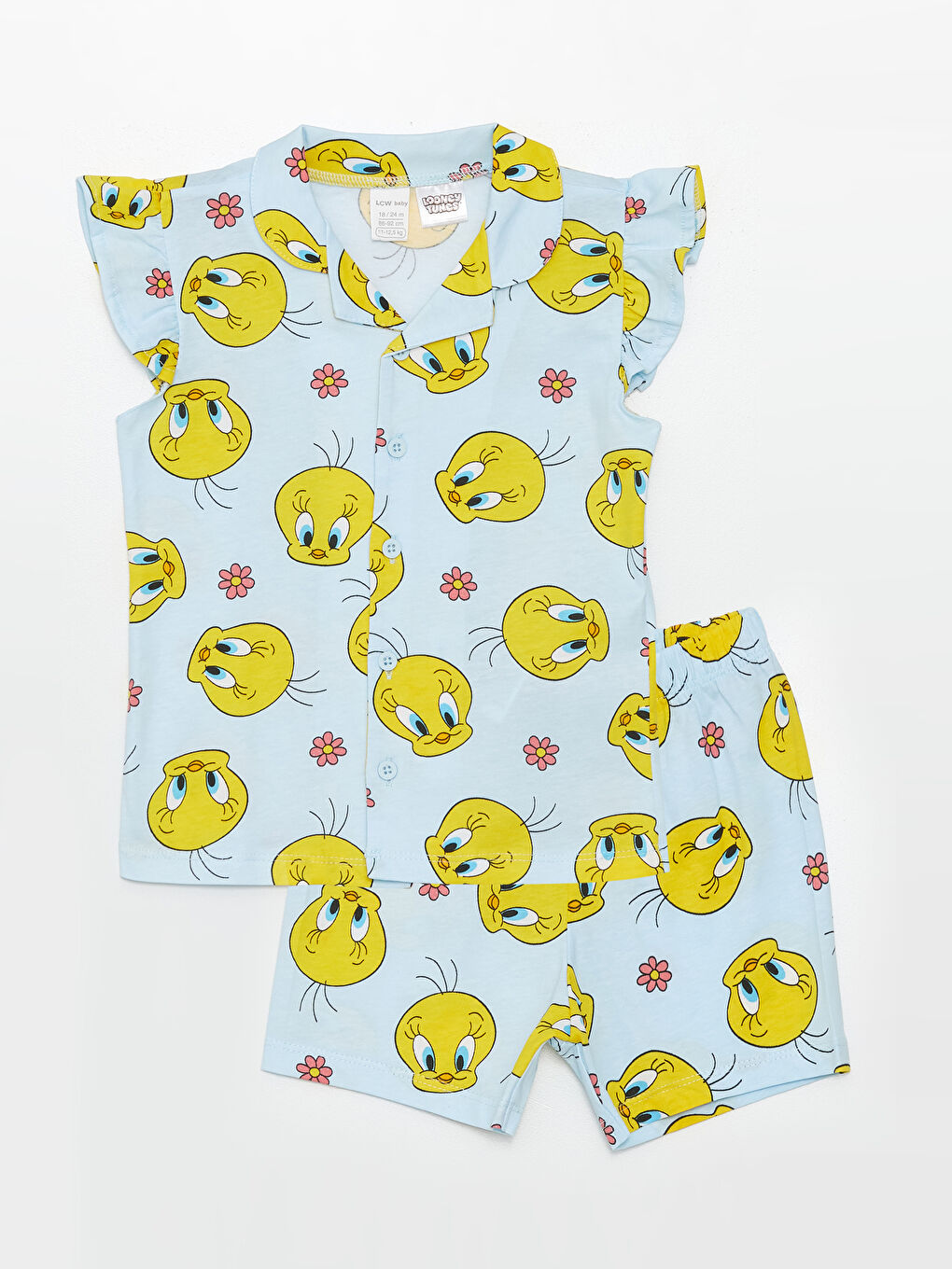 LCW baby Mavi Baskılı Tweety Baskılı Kız Bebek Şortlu Pijama Takımı