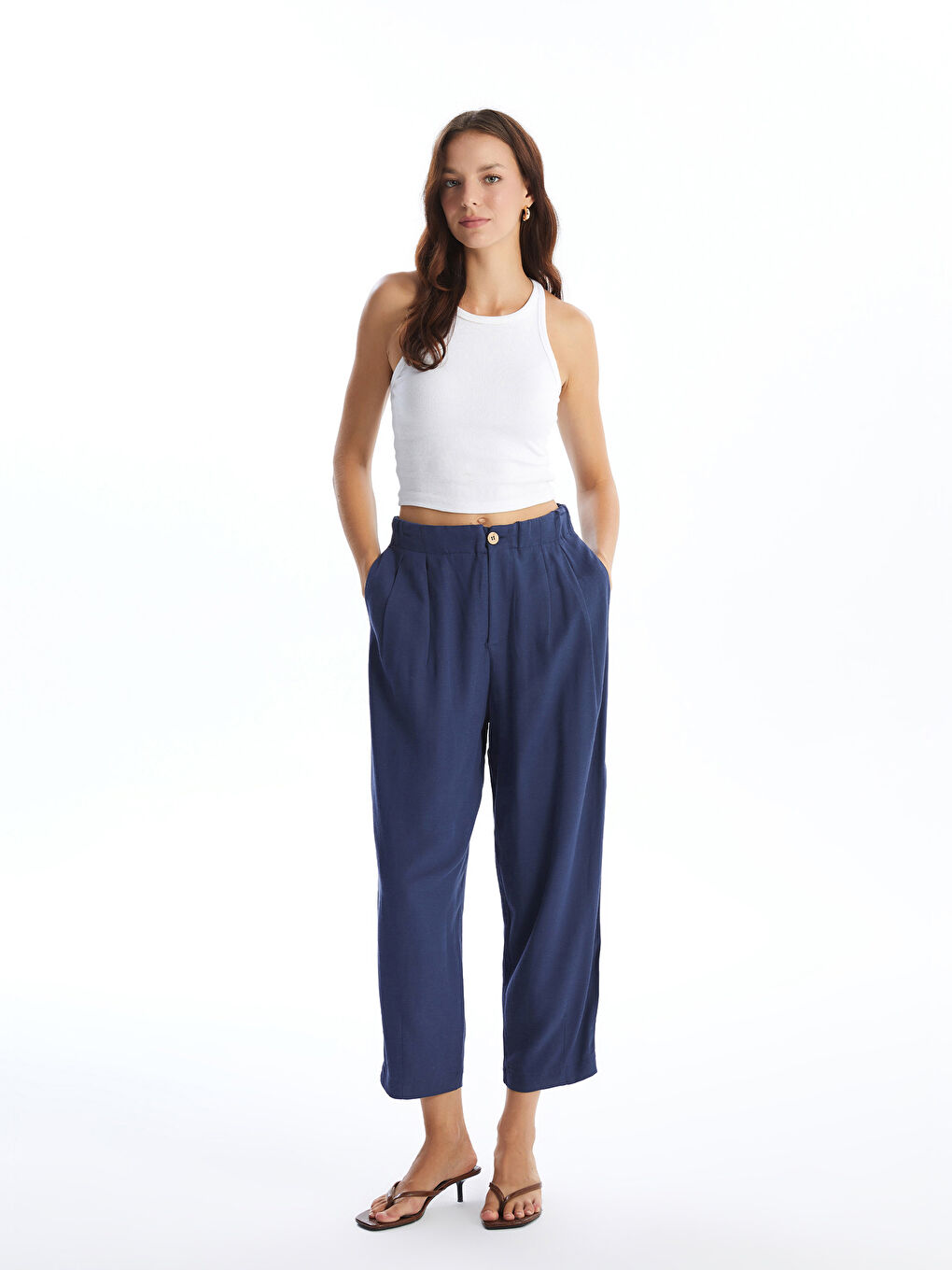 بنطلون قماش خليط كتان سادة بخصر مرن للسيدات