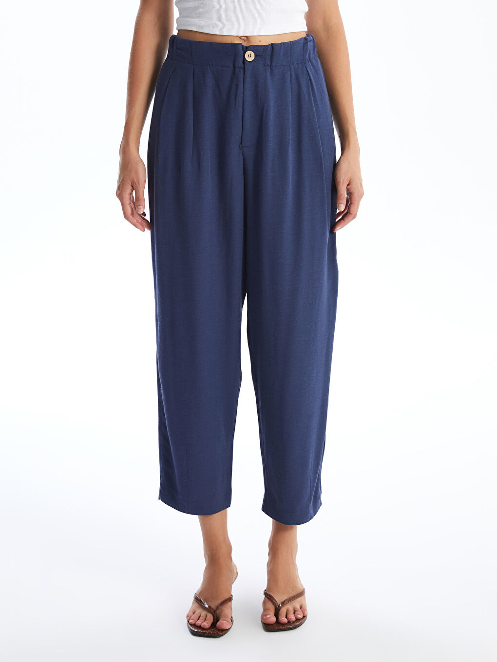 بنطلون قماش خليط كتان سادة بخصر مرن للسيدات-1