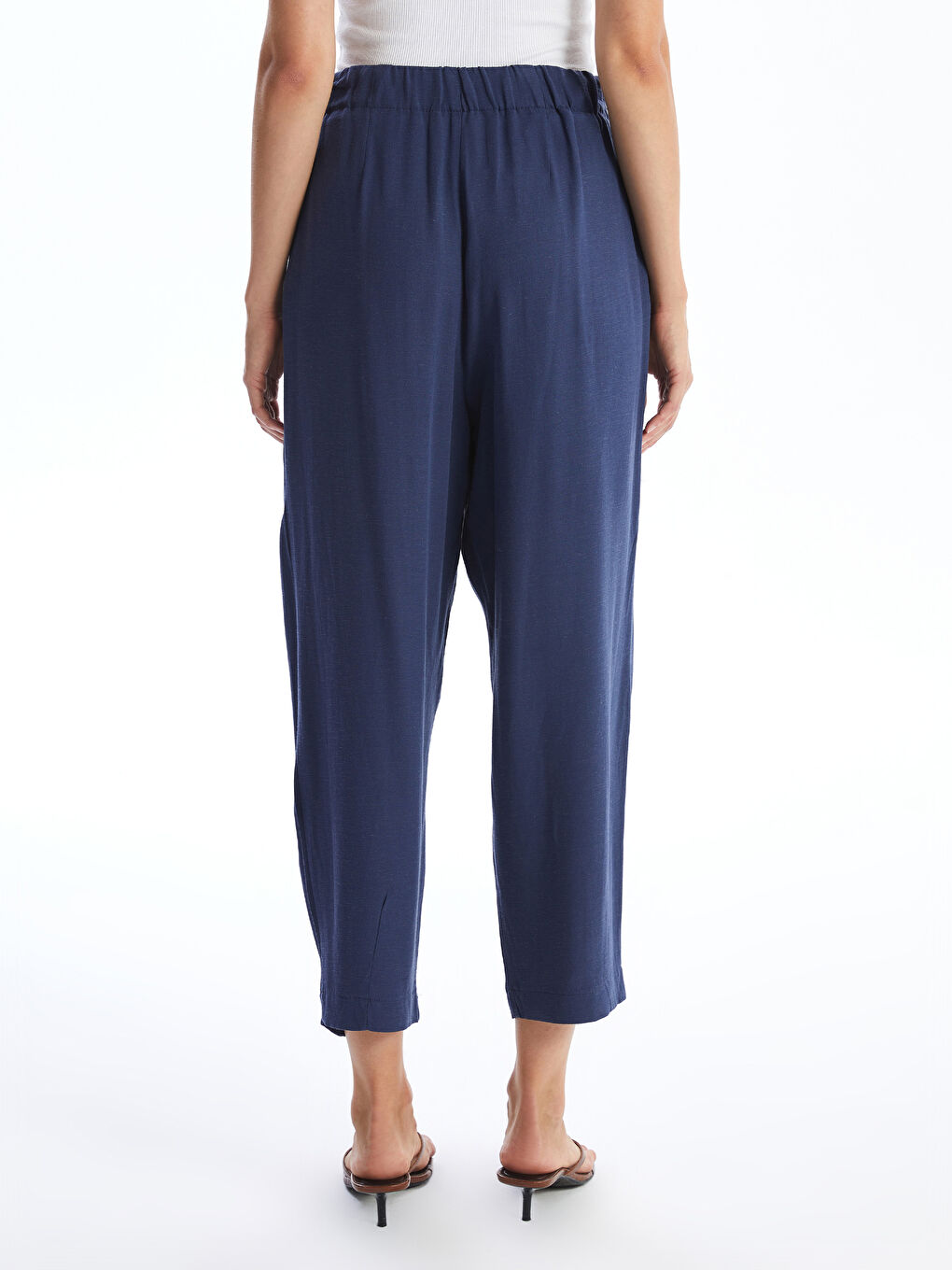 بنطلون قماش خليط كتان سادة بخصر مرن للسيدات-3