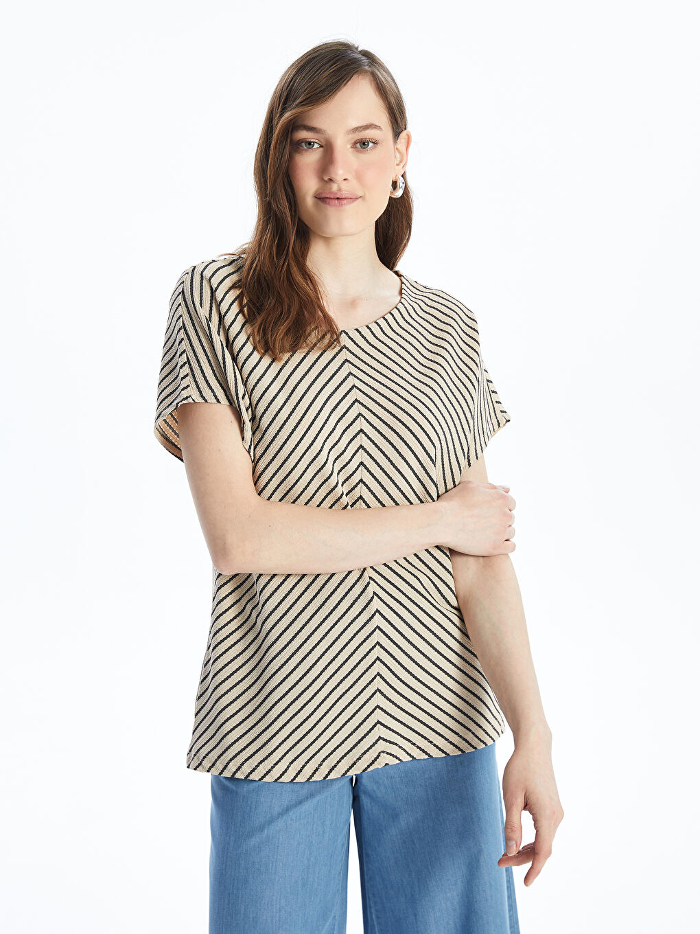 Crew Neck Striped Short Sleeve Women's T-Shirt -S4L014Z8-ELZ