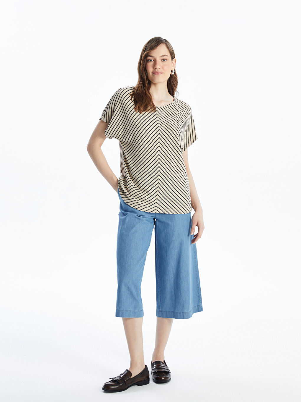 Crew Neck Striped Short Sleeve Women's T-Shirt -S4L014Z8-ELZ