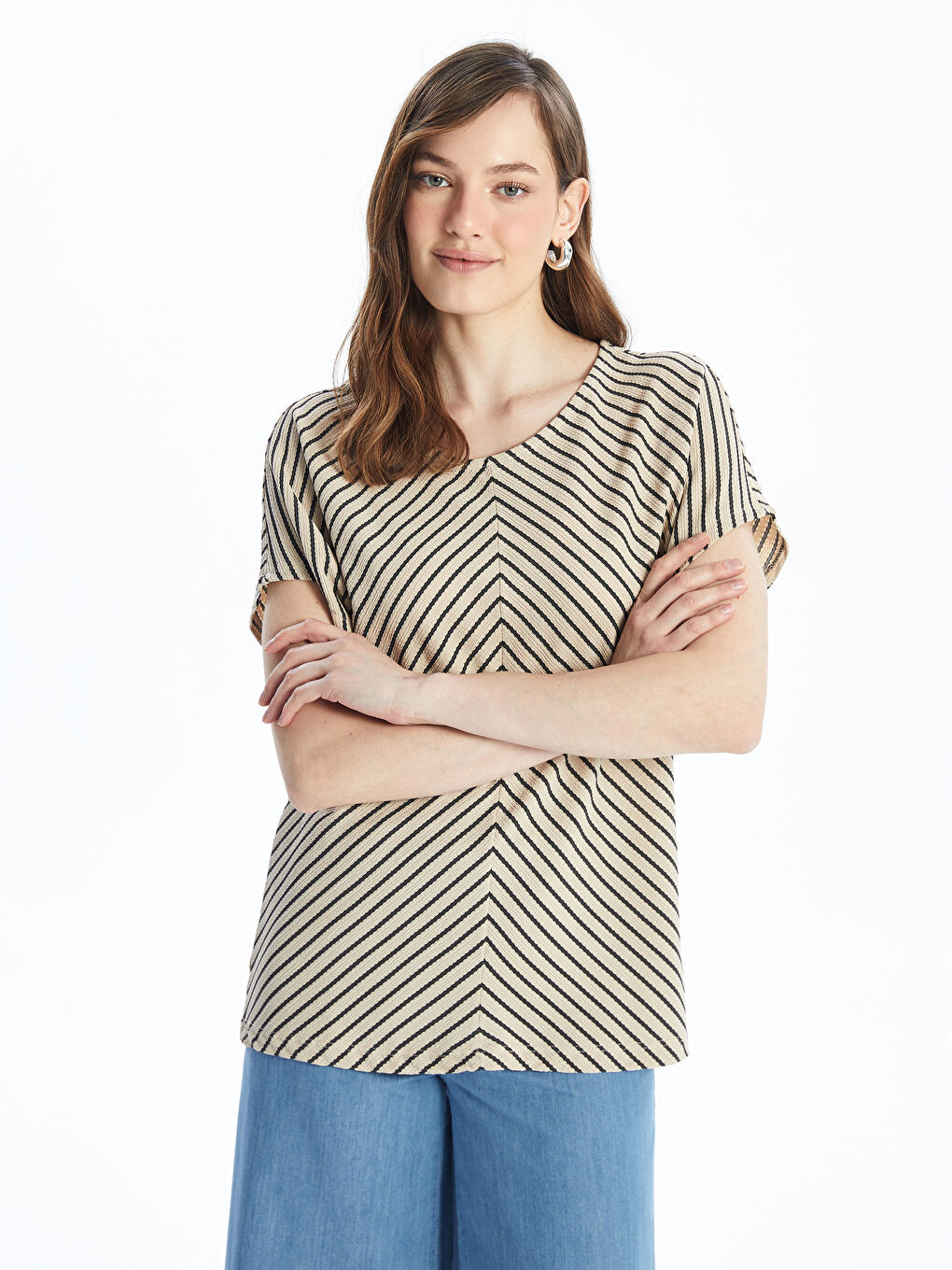 Crew Neck Striped Short Sleeve Women's T-Shirt -S4L014Z8-ELZ