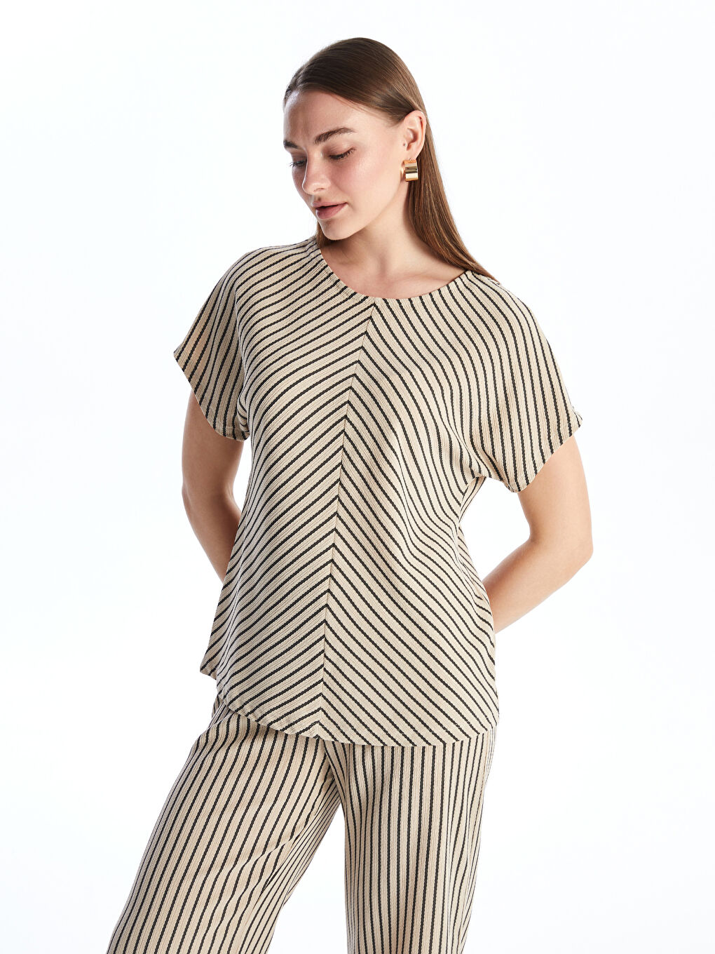 Crew Neck Striped Short Sleeve Women's T-Shirt -S4L014Z8-ELZ