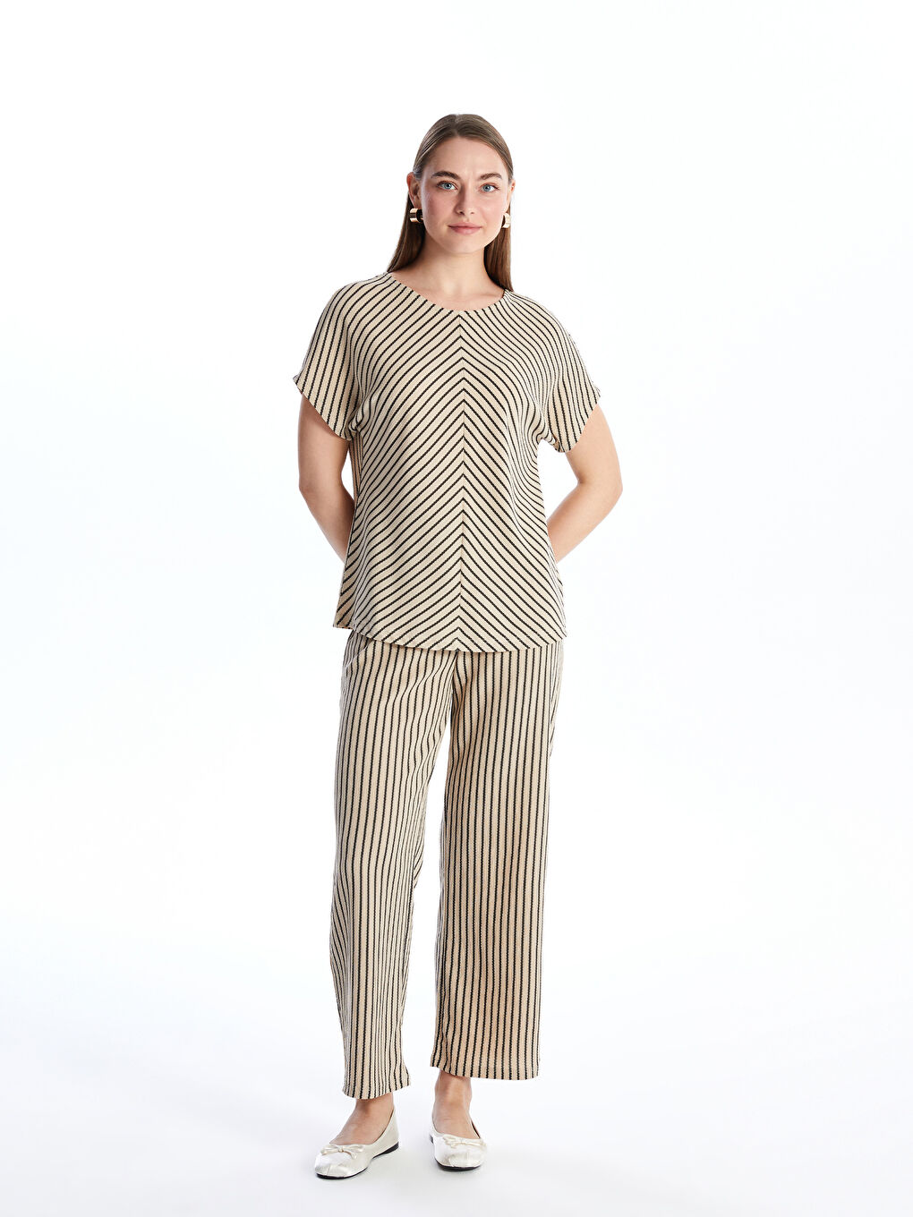 Crew Neck Striped Short Sleeve Women's T-Shirt -S4L014Z8-ELZ