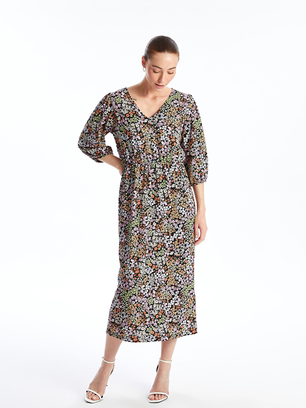 V Neck Patterned Short Sleeve Women's Dress -S4L079Z8-F9C