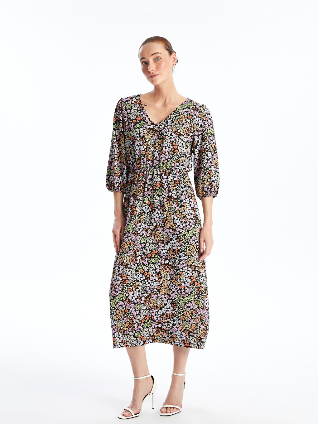 V Neck Patterned Short Sleeve Women's Dress -S4L079Z8-F9C