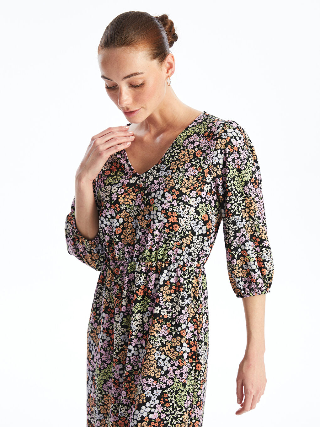 V Neck Patterned Short Sleeve Women's Dress -S4L079Z8-F9C