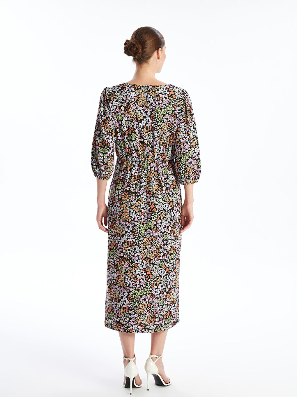 V Neck Patterned Short Sleeve Women's Dress -S4L079Z8-F9C