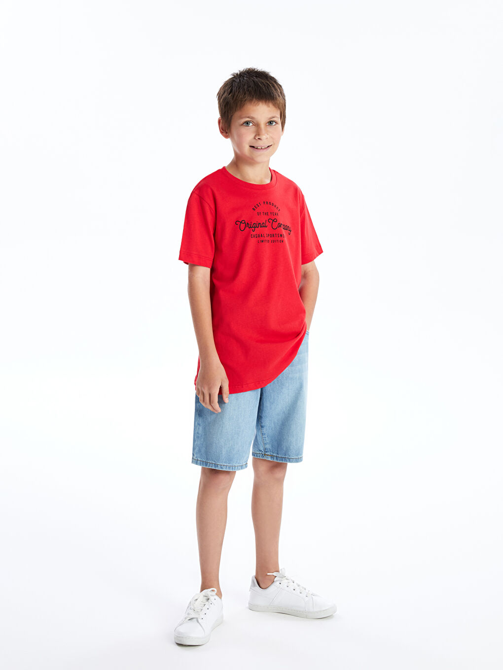 Kırmızı Bisiklet Yaka Baskılı Kısa Kollu Erkek Çocuk Tişört-1