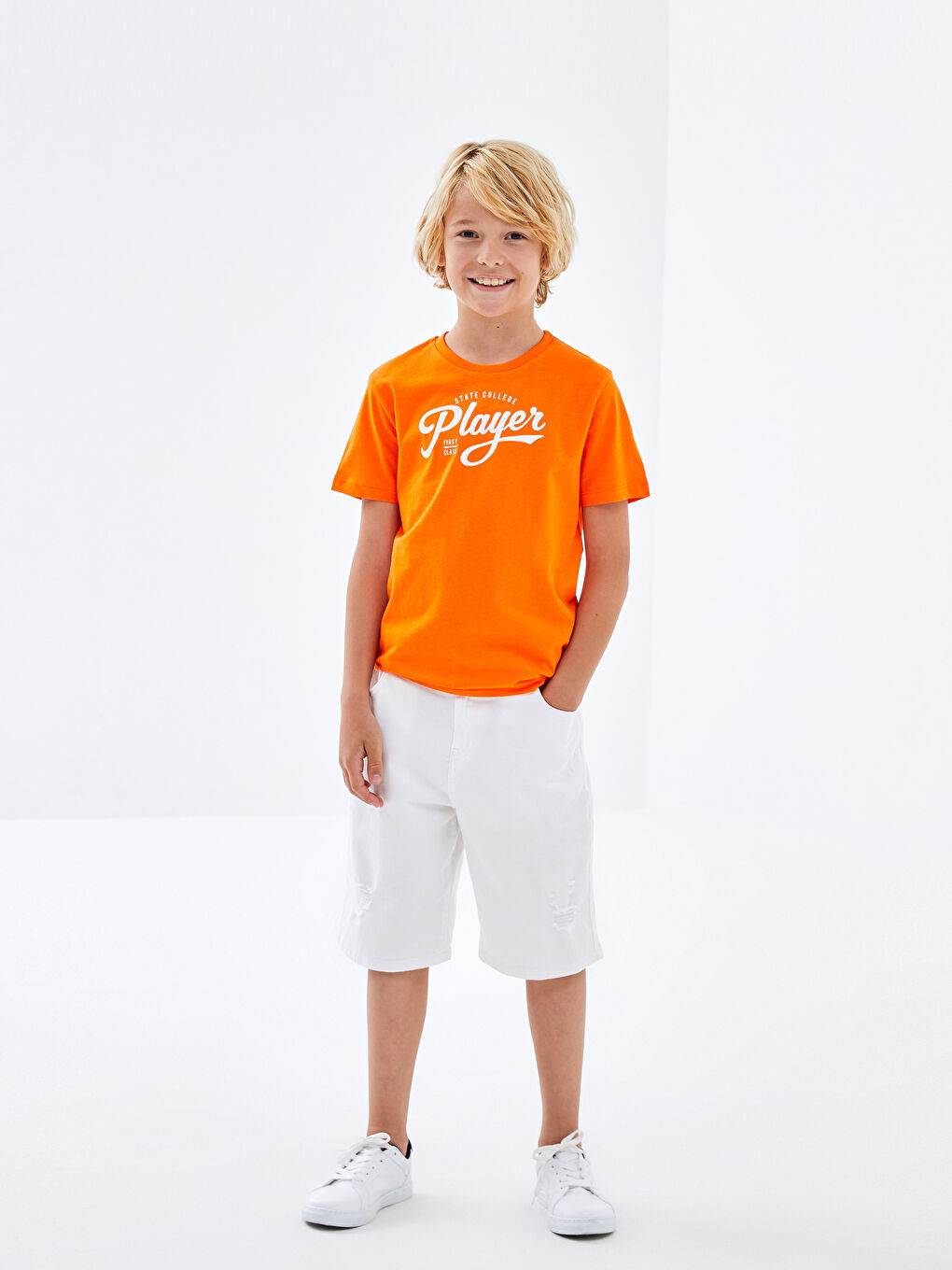 Turuncu Bisiklet Yaka Baskılı Kısa Kollu Erkek Çocuk Tişört-1