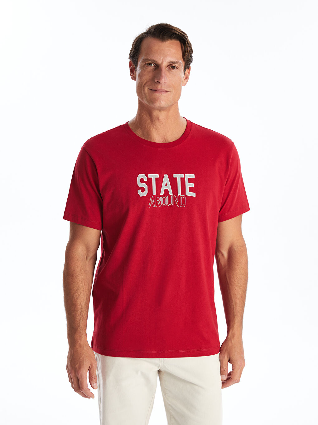 Kırmızı Bisiklet Yaka Kısa Kollu Baskılı Penye Erkek Tişört