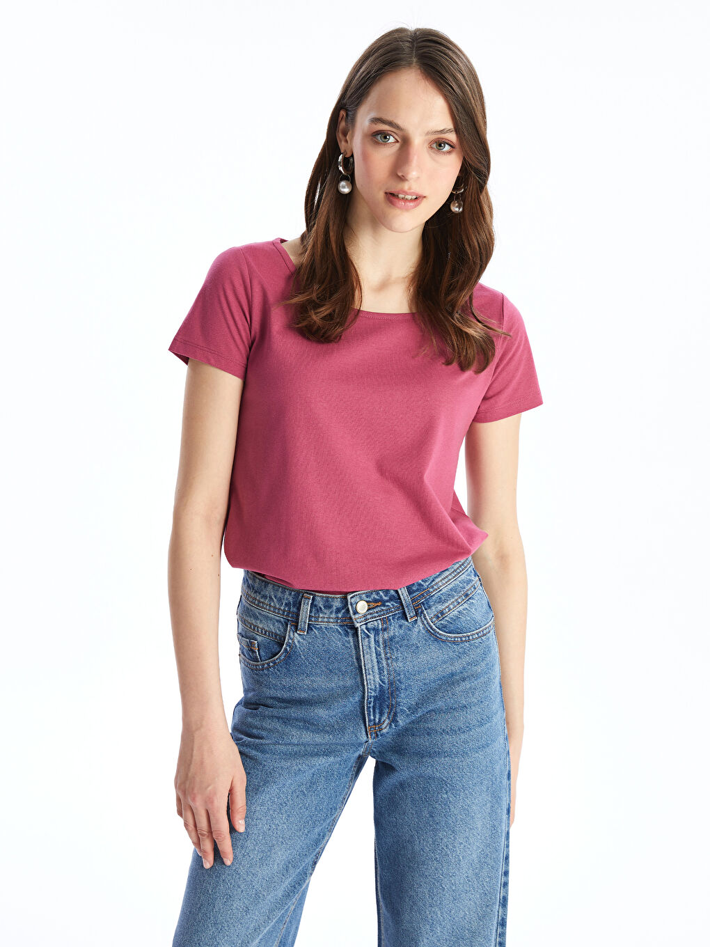 Pembe Bisiklet Yaka Düz Kısa Kollu Kadın Tişört