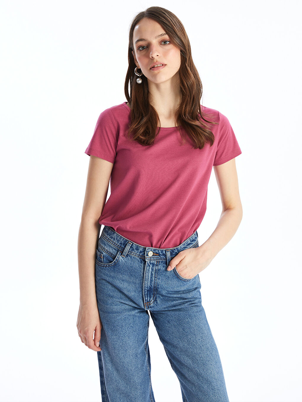 Pembe Bisiklet Yaka Düz Kısa Kollu Kadın Tişört-1