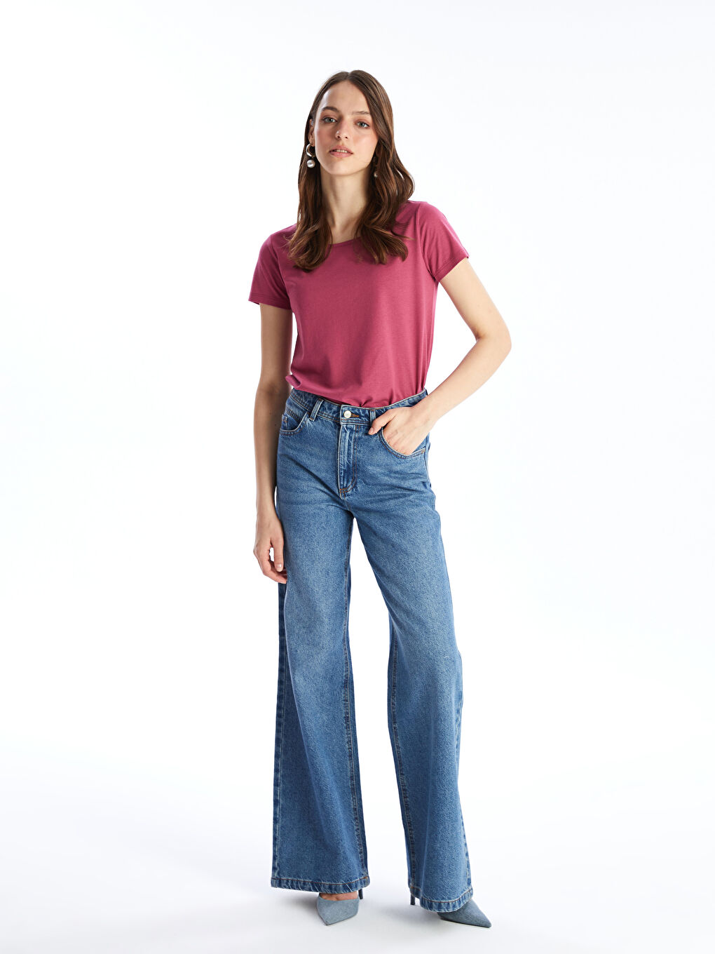 Pembe Bisiklet Yaka Düz Kısa Kollu Kadın Tişört-2