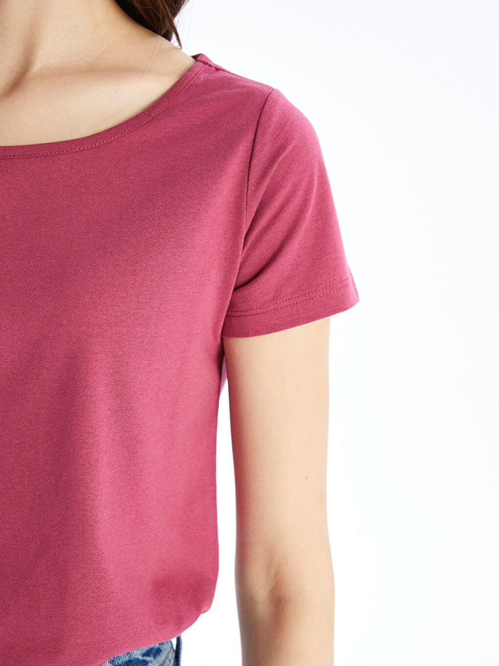 Pembe Bisiklet Yaka Düz Kısa Kollu Kadın Tişört-3