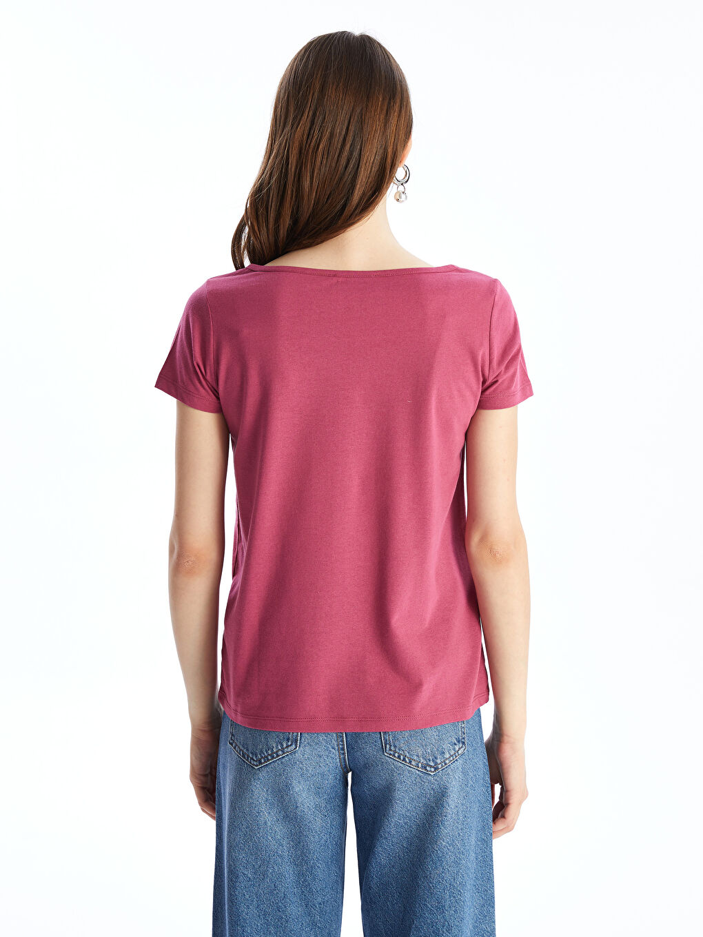 Pembe Bisiklet Yaka Düz Kısa Kollu Kadın Tişört-4