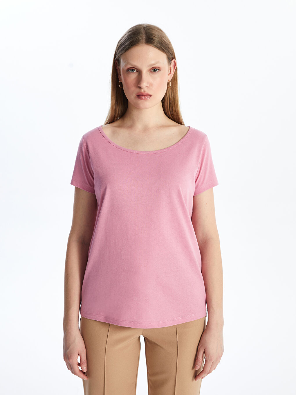 Pembe Bisiklet Yaka Düz Kısa Kollu Kadın Tişört