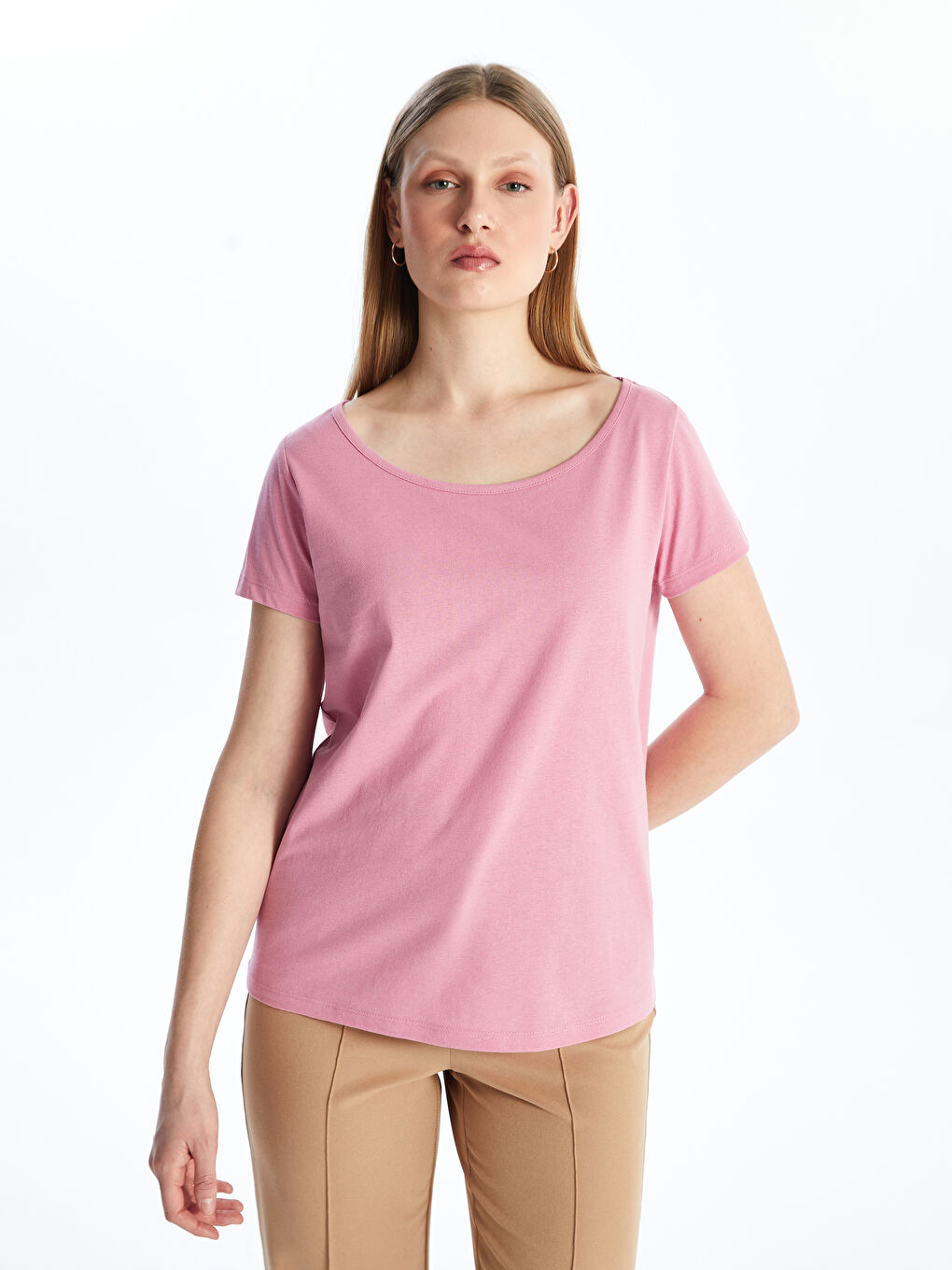 Pembe Bisiklet Yaka Düz Kısa Kollu Kadın Tişört-1