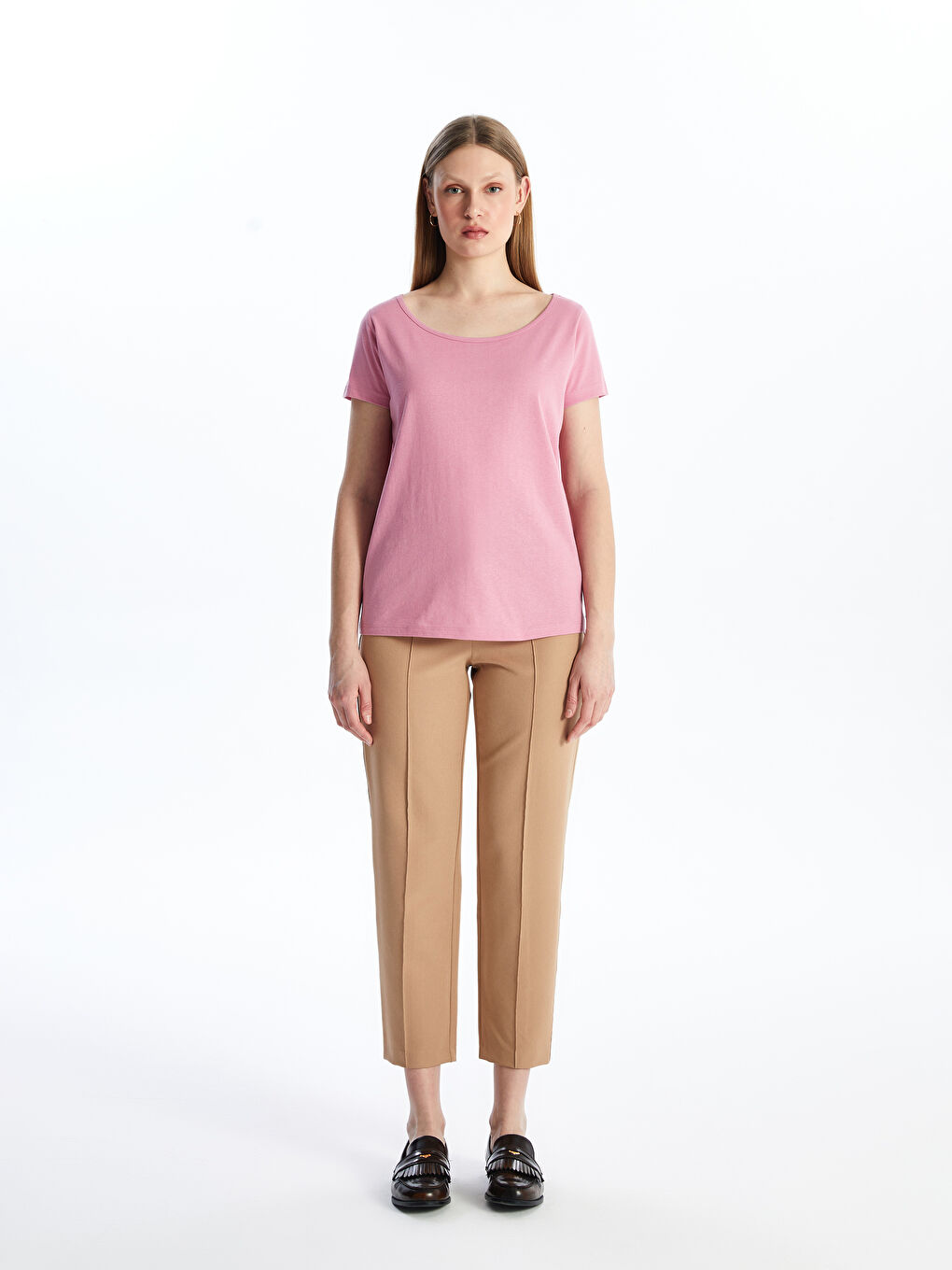 Pembe Bisiklet Yaka Düz Kısa Kollu Kadın Tişört-2