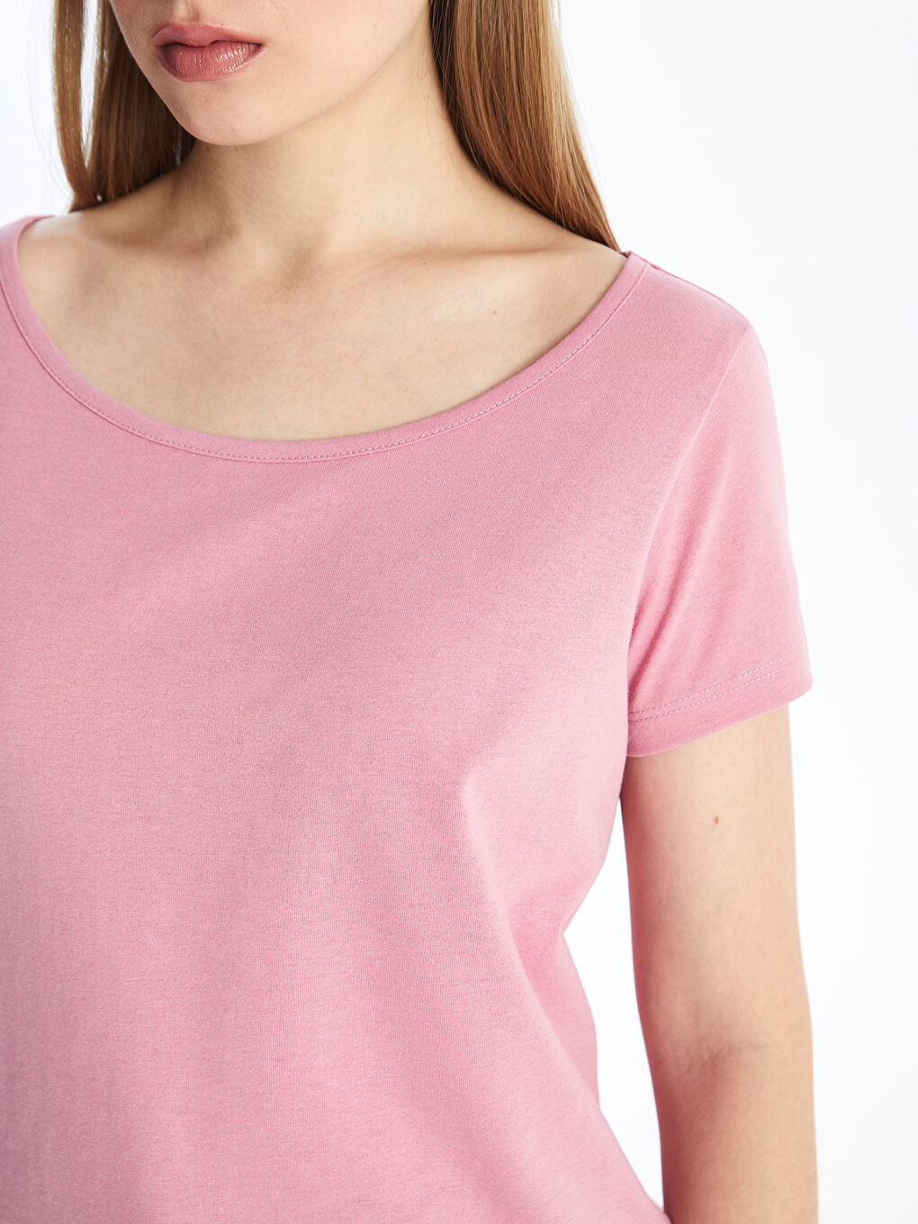 Pembe Bisiklet Yaka Düz Kısa Kollu Kadın Tişört-3