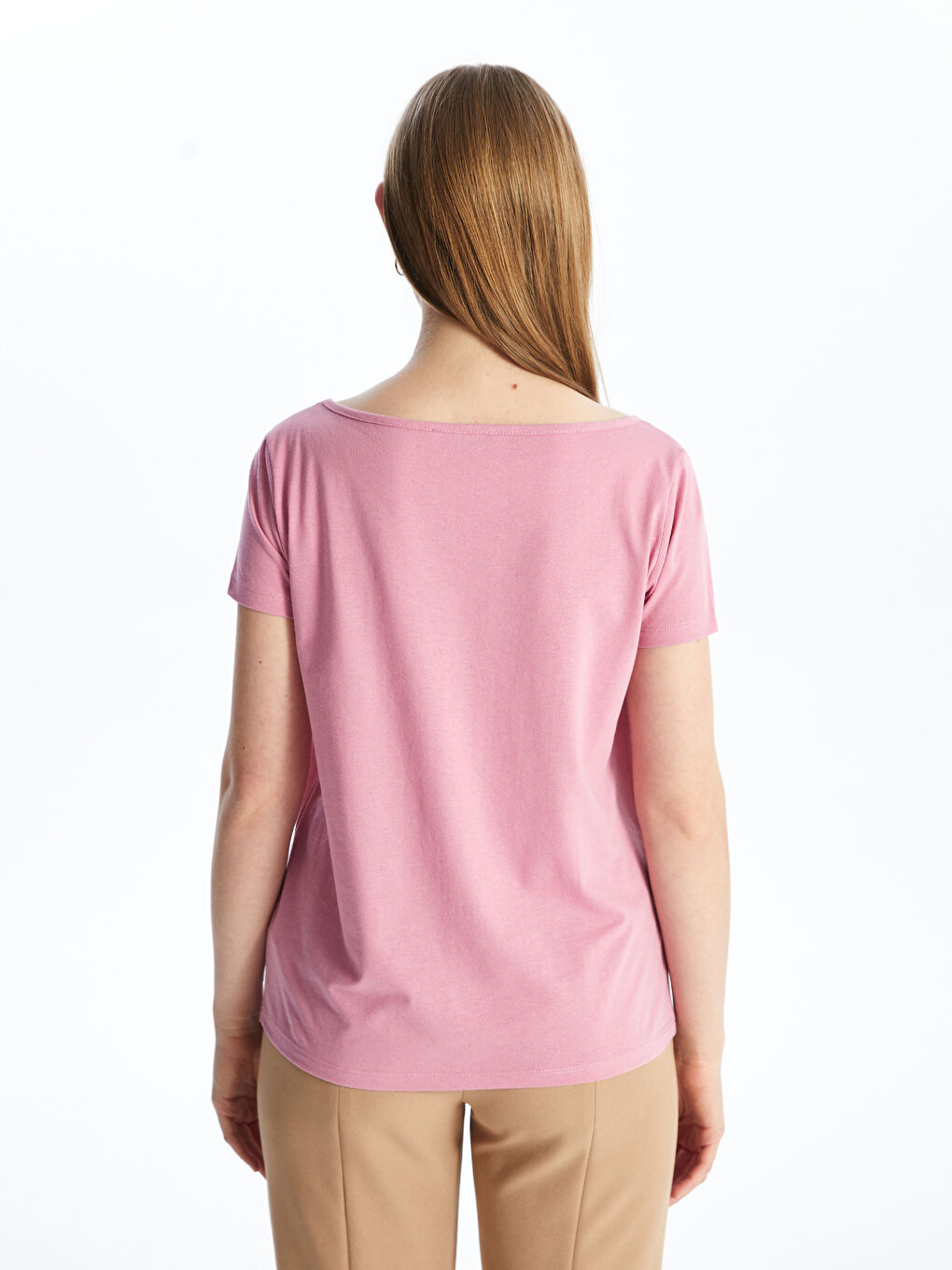 Pembe Bisiklet Yaka Düz Kısa Kollu Kadın Tişört-4
