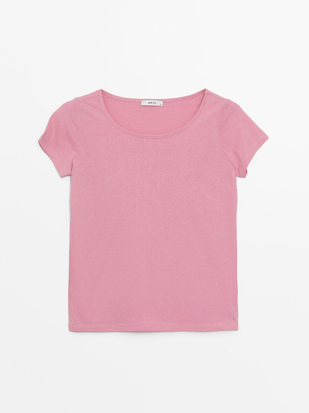 Pembe Bisiklet Yaka Düz Kısa Kollu Kadın Tişört-5