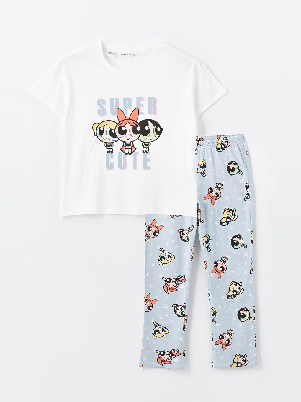 LCW Young Açık Mavi Baskılı Bisiklet Yaka Powerpuff Girls Baskılı Kısa Kollu Kadın Pijama Takımı - 5