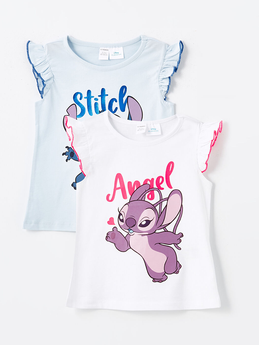 LCW baby Açık Mavi Bisiklet Yaka Kısa Kollu Stitch Baskılı Kız Bebek Tişört 2'li