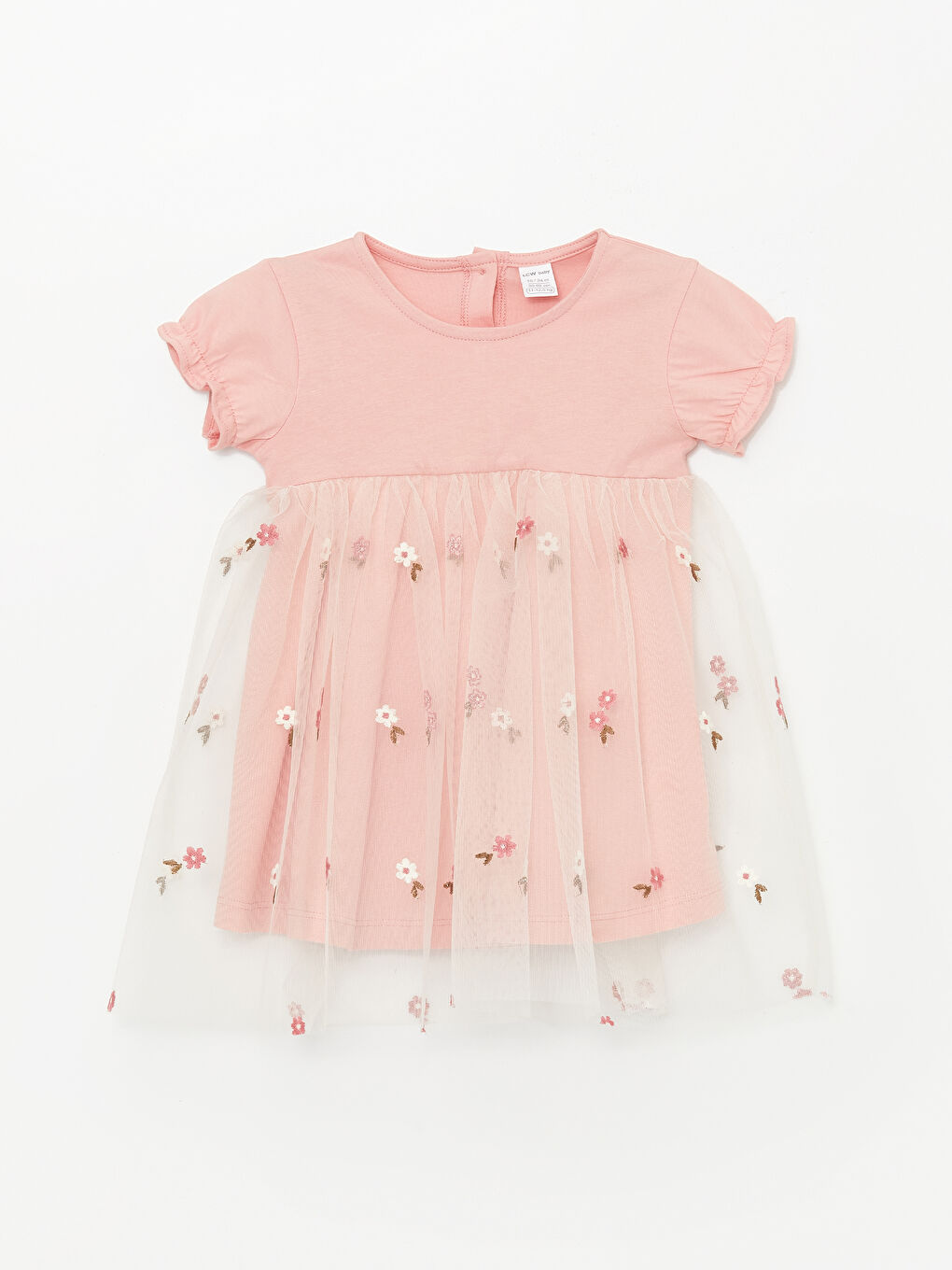 Pembe Bisiklet Yaka Kısa Kollu Çiçekli Kız Bebek Elbise