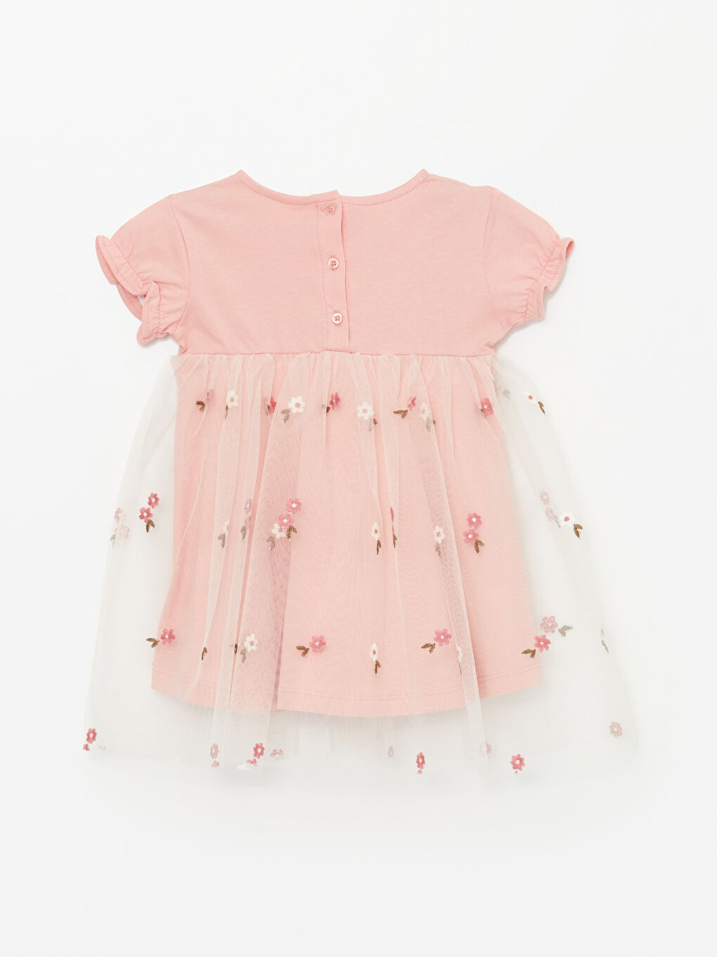 Pembe Bisiklet Yaka Kısa Kollu Çiçekli Kız Bebek Elbise-1