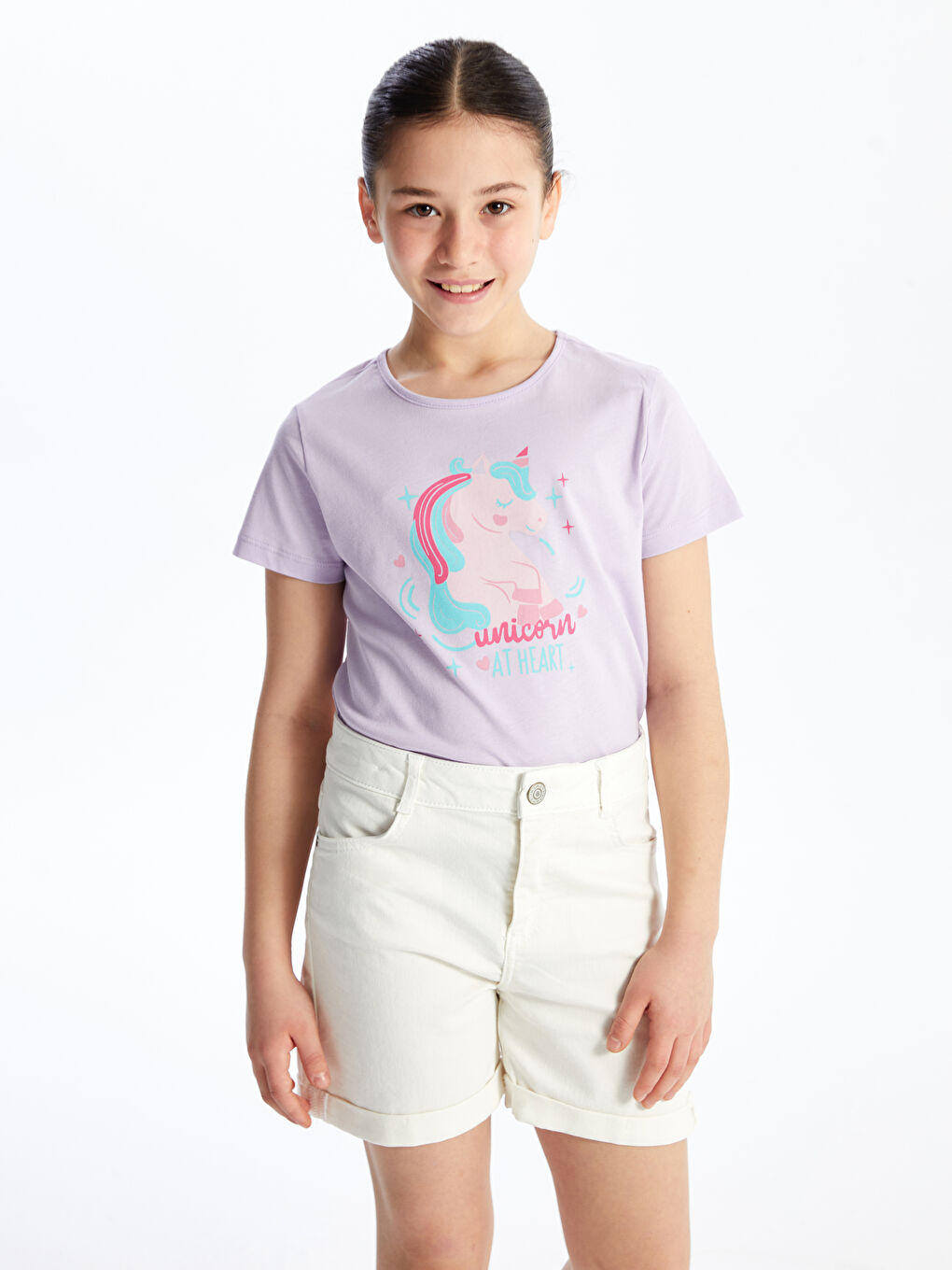 Lila Bisiklet Yaka Baskılı Kısa Kollu Kız Çocuk Tişört