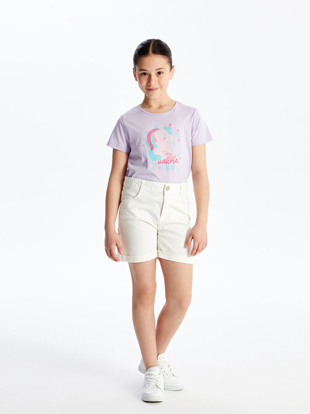 Lila Bisiklet Yaka Baskılı Kısa Kollu Kız Çocuk Tişört-1