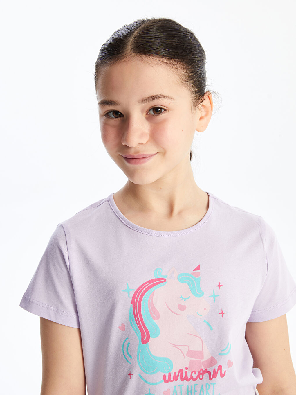 Lila Bisiklet Yaka Baskılı Kısa Kollu Kız Çocuk Tişört-2