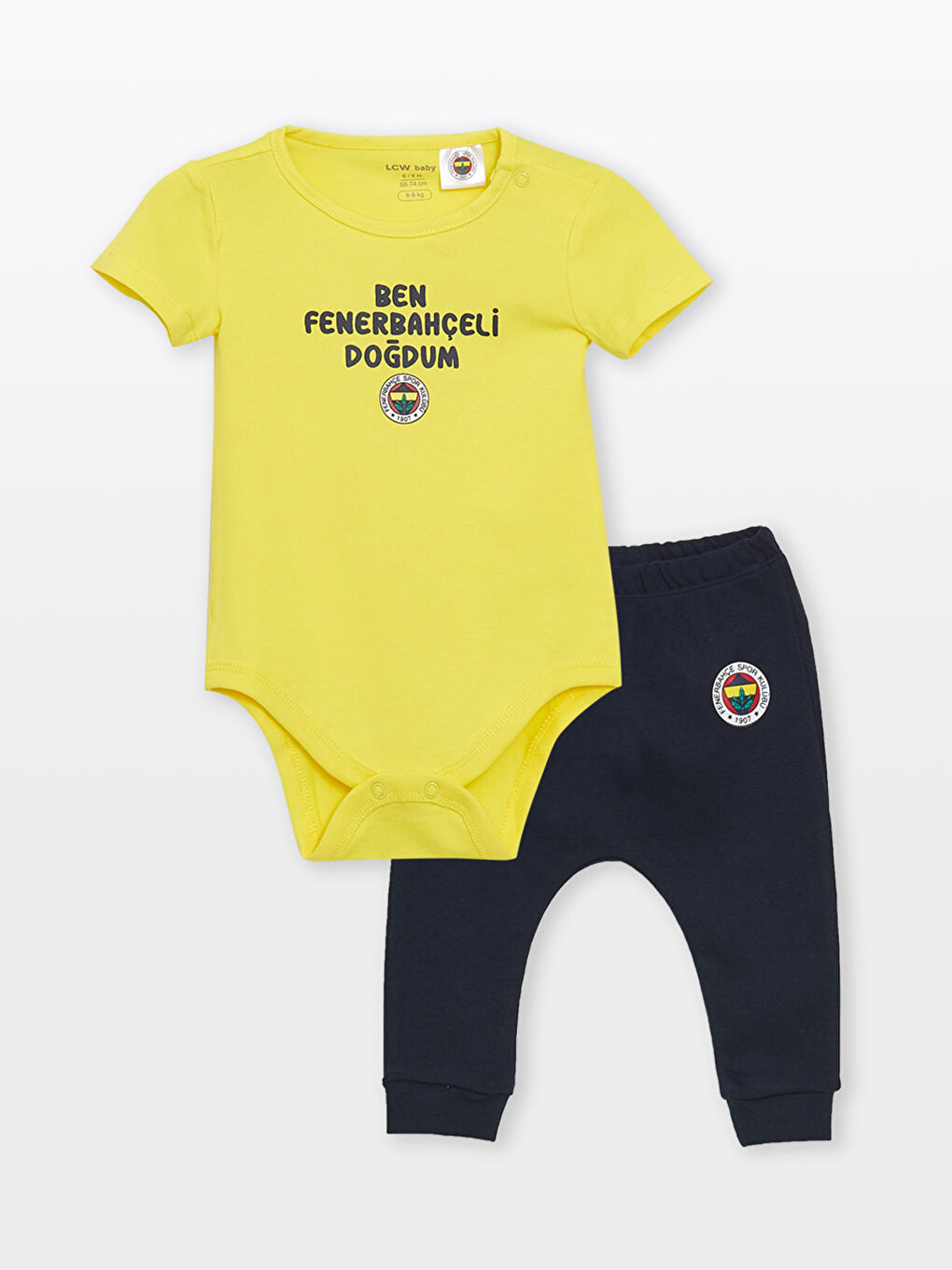 Sarı Bisiklet Yaka Kısa Kollu Fenerbahçe Baskılı Erkek Bebek Çıtçıtlı Body ve Pantolon 2'li Takım