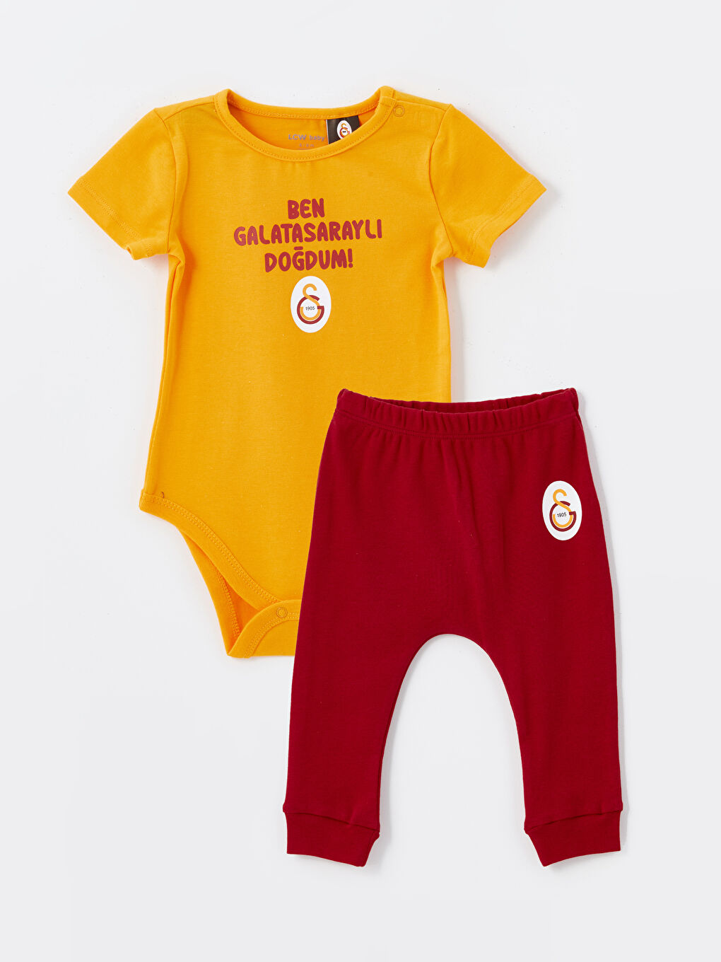 Turuncu Bisiklet Yaka Kısa Kollu Galatasaray Baskılı Erkek Bebek Çıtçıtlı Body ve Pantolon 2'li Takım