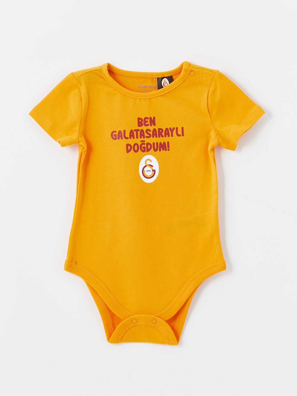 Turuncu Bisiklet Yaka Kısa Kollu Galatasaray Baskılı Erkek Bebek Çıtçıtlı Body ve Pantolon 2'li Takım-1