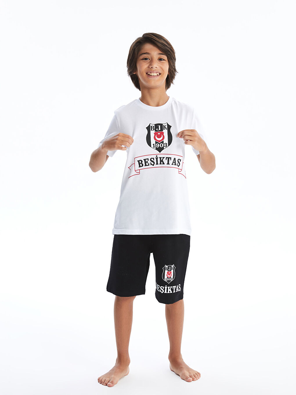 Beyaz Bisiklet Yaka Beşiktaş Baskılı Erkek Çocuk Tişört ve Şort-2