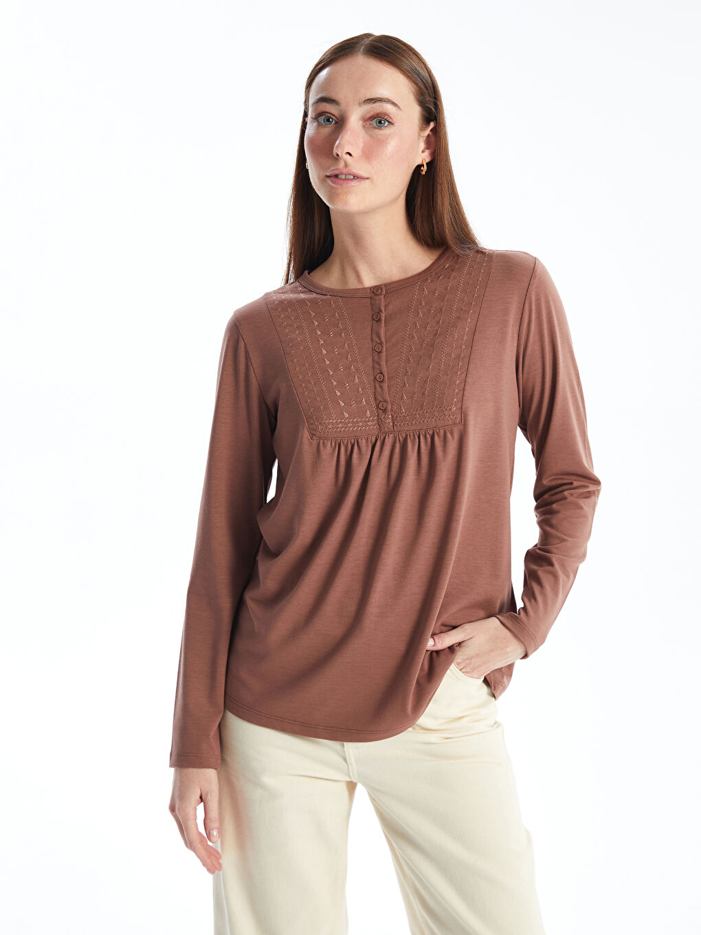 Kahverengi Bisiklet Yaka Nakışlı Uzun Kollu Kadın Bluz