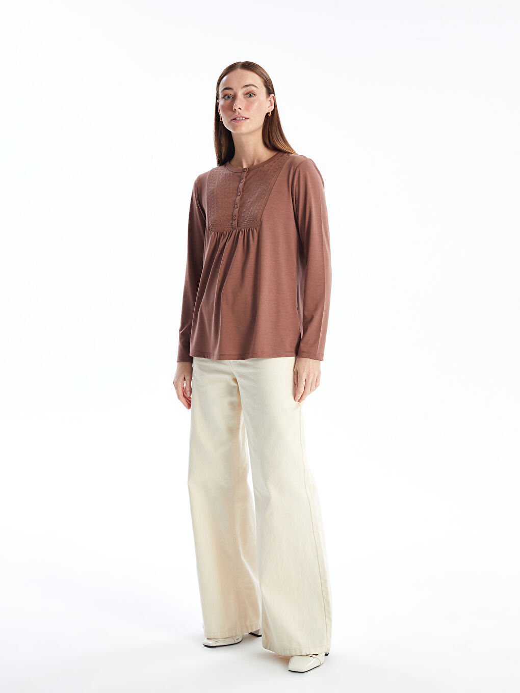 Kahverengi Bisiklet Yaka Nakışlı Uzun Kollu Kadın Bluz-2