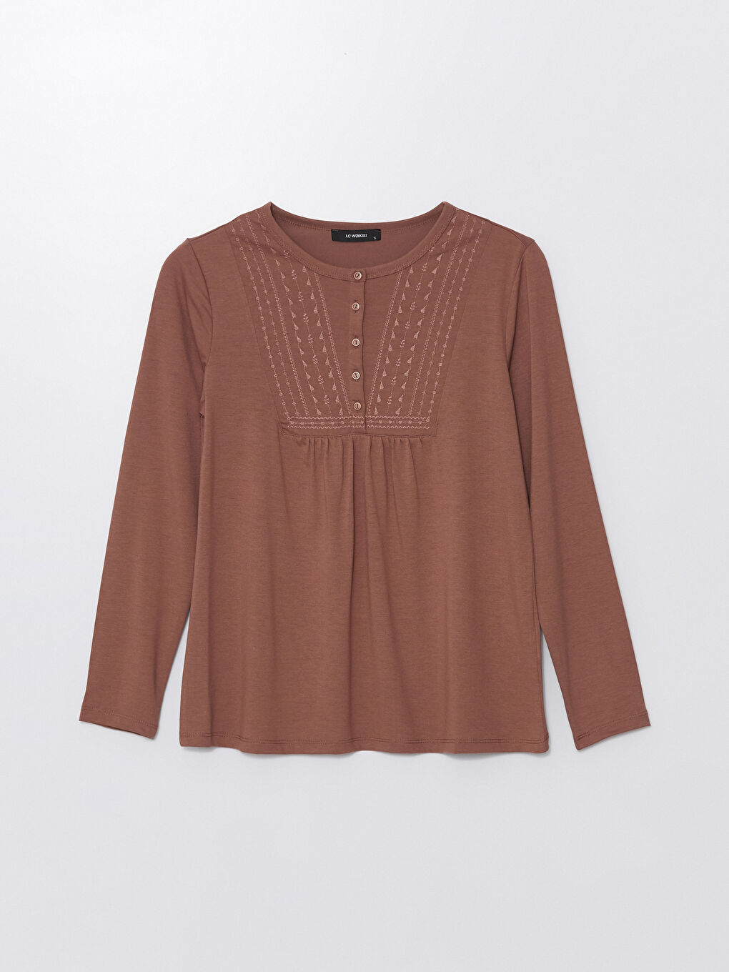 Kahverengi Bisiklet Yaka Nakışlı Uzun Kollu Kadın Bluz-5